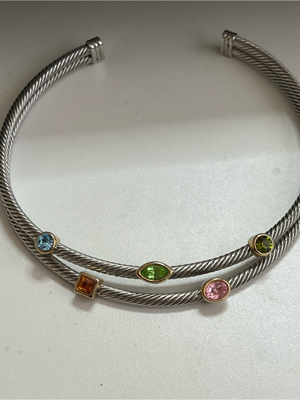 Multicolored CZ chunky twisted silver tone cuff collar and earring set - Picture 4 of 11